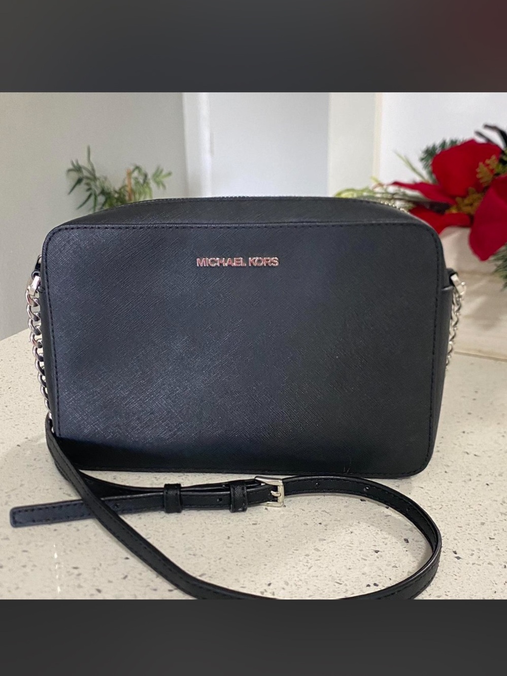 Michael Kors Black  Crossbody Bag Zip Closure Silver Chain & Leather Strap